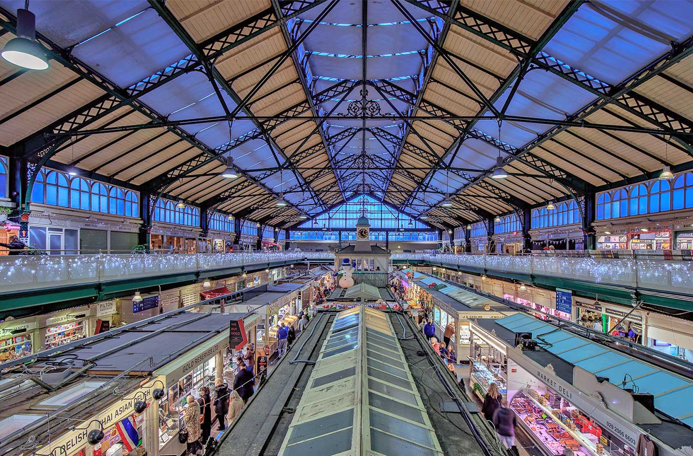 The historic interior and food stalls of Cardiff Central Market